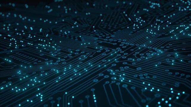 Close-up circuit board, data flow, digital, motherboard, machine learning, big data. Futuristic, digital process, data exchange, bit, binary, computer, technology.