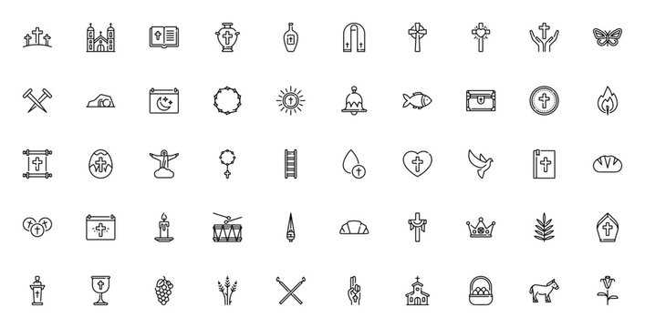 Holy Week icon set. Religious vector icons pack. Minimalist line art. Includes cross, temple, bible, wine, dove, candle, Jesus, bread, heart, fish, egg, crown, chapel and more. Editable stroke.