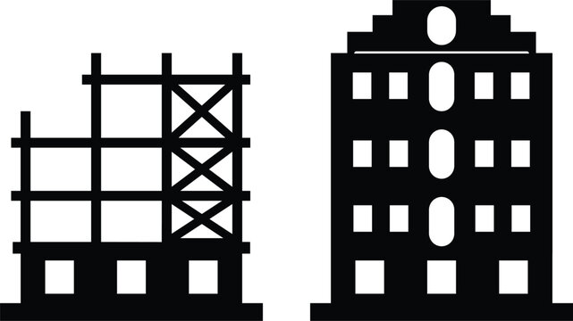 Building construction progress icons showing structural framework and finished apartment house.