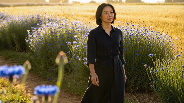Walking woman following dirt track toward camera, wearing belted dress, passing blue flowers