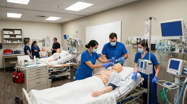 Medical Students Practicing Emergency Care in Hospital Simulation Lab
