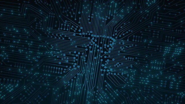 Circuit board, data flow, digital, motherboard, machine learning, big data. Futuristic, digital process, data exchange, bit, binary, computer, technology.