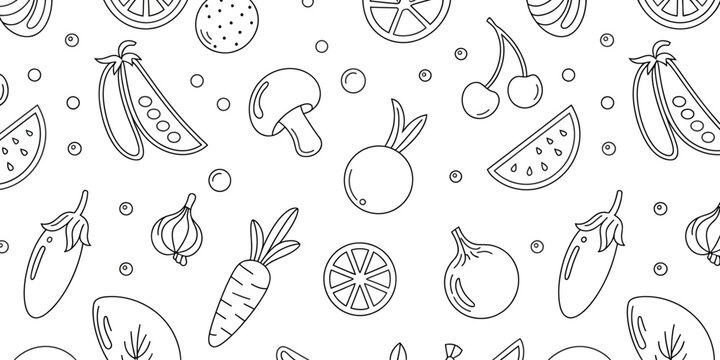 Simple black and white doodle pattern filled with various fresh fruits and vegetables on a white background