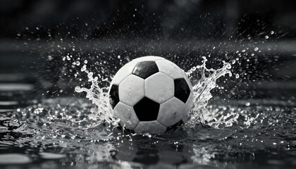 Naklejka premium A soccer ball mid-splash as it strikes the water surface, A vibrant soccer ball covered in glistening water droplets sits prominently against a striking background, created with generative ai