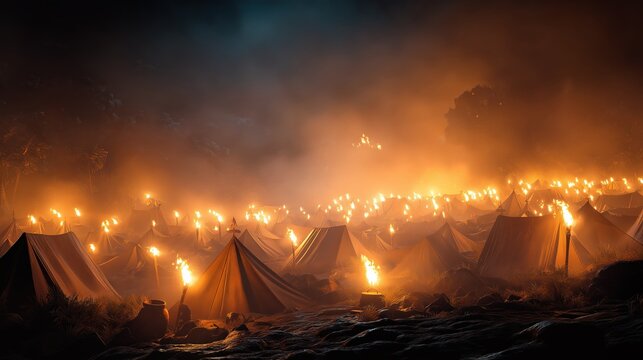 A dramatic nighttime battlefield scene of gideon&rsquo;s three hundred breaking clay jars and raising torches as the enemy camp falls into panic and chaos.