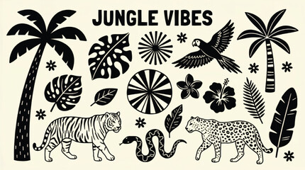 Jungle Vibes tropical vector set, black silhouette exotic animals and palm leaves, tiger leopard and parrot illustrations for summer branding © Muhammad