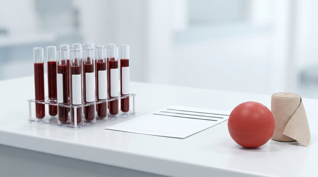 Blood collection tubes with blank labels beside phlebotomy requisition form, red squeeze ball and elastic bandage on clean lab table, venipuncture preparation concept.