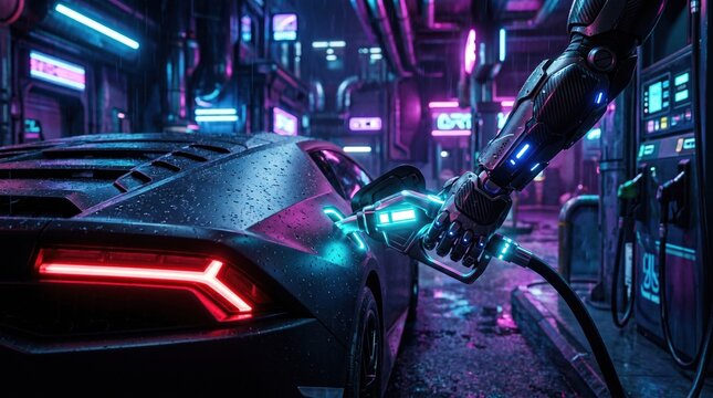 Close up robotic or high-tech gloved hand holding a glowing LED-lit fuel nozzle, refueling a black supercar. Night city bright blue and magenta neon lights, with raindrops on the car's surface