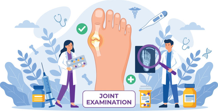 Podiatrist doctors examining hallux valgus bunion joint with x-ray and medicine for healthcare medical treatment illustration