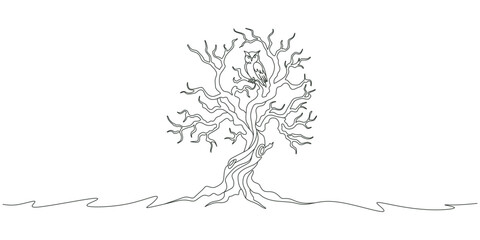 Fototapeta premium Continuous Line Drawing of an Owl in a Tree