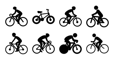 Obraz premium Silhouette cyclists riding in a row - Eight stylish black silhouette cyclists riding road bikes in a neat row formation, minimalist and clean design.