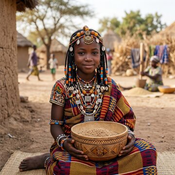 Fulani Girl Portrait Holding Calabash Bowl Traditional West African Cultural Documentary Photography