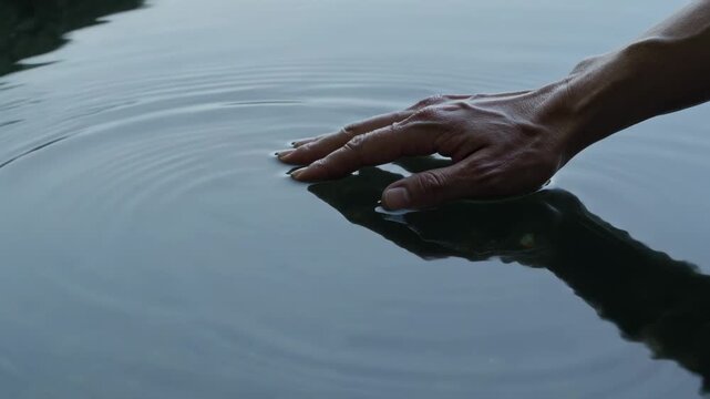 Approaching hand with bare forearm and dark nails touching pond, making ripples showing reflection