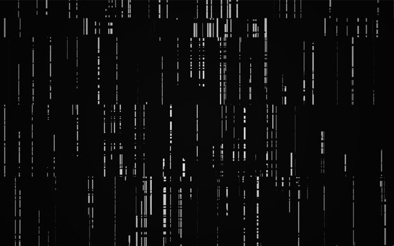 Glitch background with vertical digital noise. Data distortion on black backdrop. Abstract cyber technology texture. Damaged overlay video for futuristic project. Vector illustration.