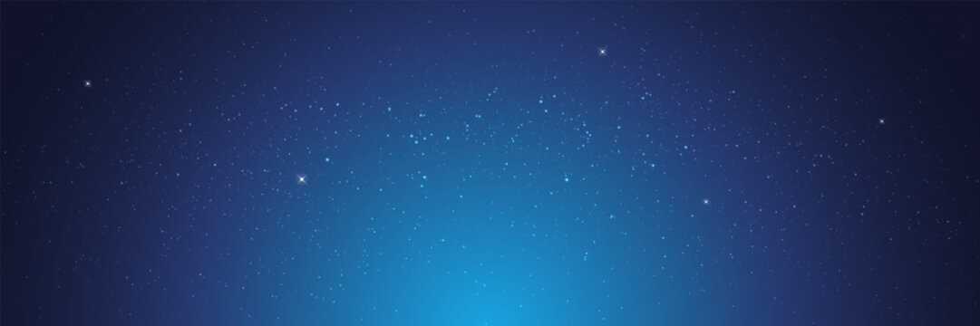 Space background with glowing stars. Abstract galaxy with cosmic light. Blue celestial sky backdrop. Milky Way wallpaper for science, astronomy or futuristic design. Vector illustration.