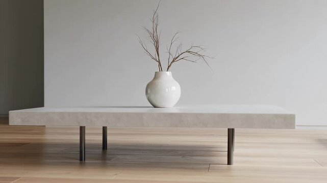 Sliding camera dolly revealing table in minimal living room showing round vase and floor