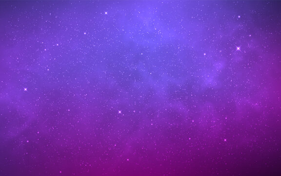 Galaxy background with purple nebula. Glowing stars and cosmic dust. Starry space backdrop for astronomy, science or technology project. Beautiful cosmos texture. Vector illustration.