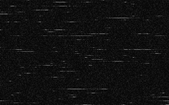 Glitch background with white scan lines. Digital noise and static interference on black backdrop. Abstract technology texture. Glitched video distortion for futuristic design. Vector illustration.