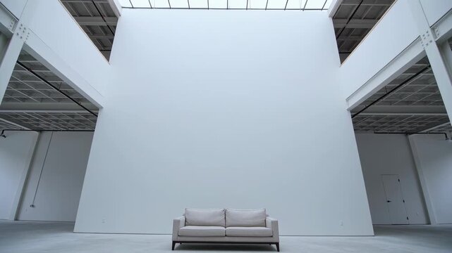 Pulling back camera revealing gallery space to show architectural scale, mezzanine, skylight, sofa