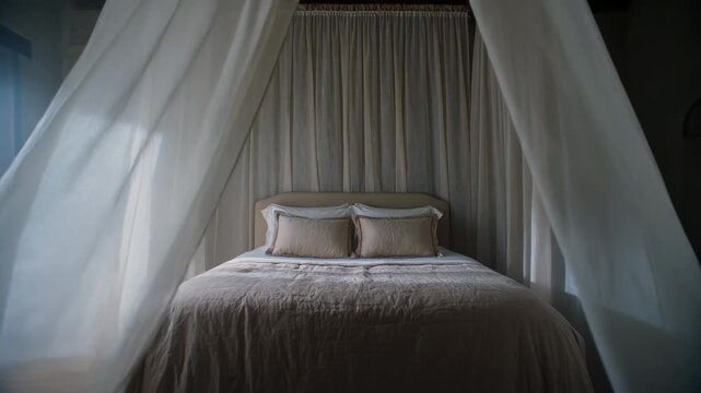 Parting seam revealing canopy bed in bedroom, with sheer panels and duvet admitting soft light