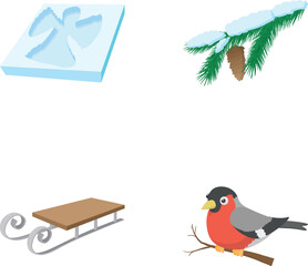 Obraz premium Winter season symbols including an angel imprint, bullfinch, snowy pine branch, and sled
