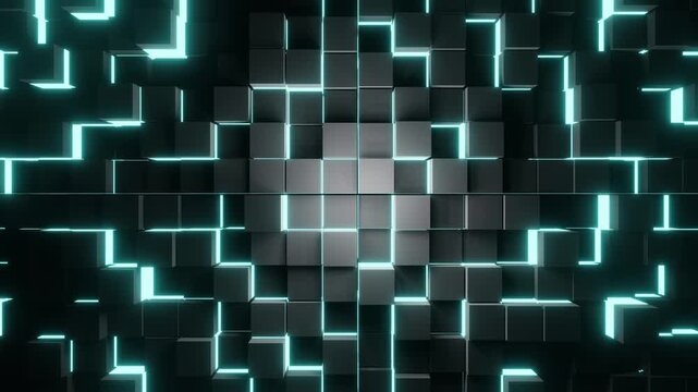 Neon Glowing Digital Cube Grid Background Animation