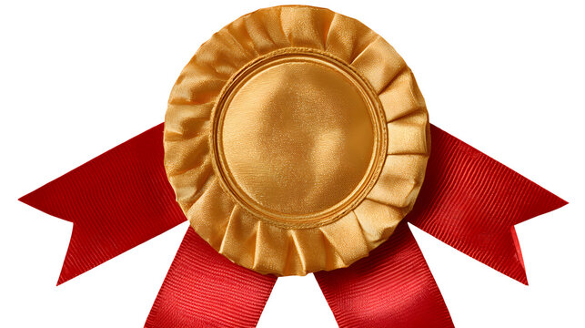 Golden rosette award ribbon with red streamers, white background