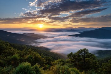 Naklejka premium Stunning sunrise over mist-covered mountain ridges with lush green forest in the foreground and dramatic cloudscape illuminating the early morning sky