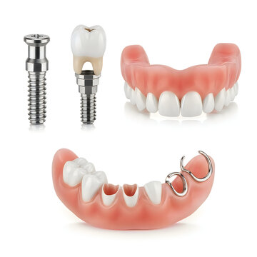 Dental implants and partial dentures set for oral health and teeth replacement