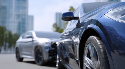 Fototapeta premium Two modern upscale SUVs parked on a city street with focus on the front wheel and side mirror of a sleek dark blue vehicle in an urban environment