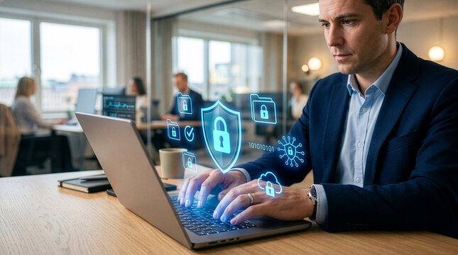 Business professional working on a sleek laptop in a modern office, with a transparent holographic security shield and encrypted document icons floating above the keyboard