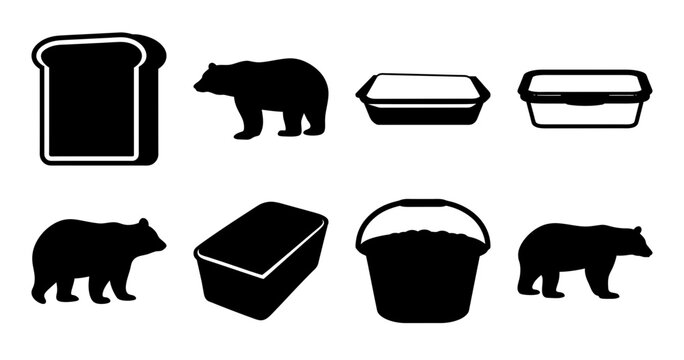 Black and white bear and food icons set - Minimalist black and white vector icons of a bear and food items like bread, basket, and containers for modern designs.