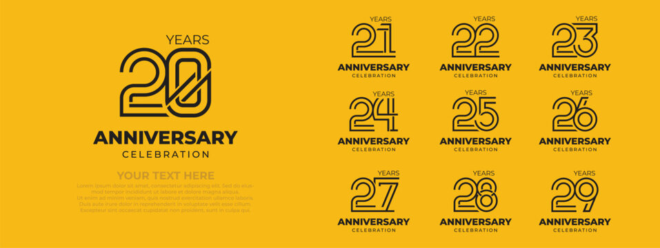 Set of 20th to 29th Years Luxury Anniversary Logotype Designs. Elegant Vector Emblems for Birthday, Wedding, and Corporate Celebrations