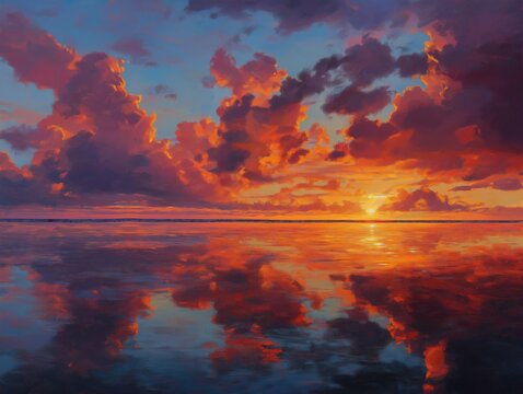 Radiant sunset sky illuminates the calm ocean surface with vibrant orange clouds and deep purple hues