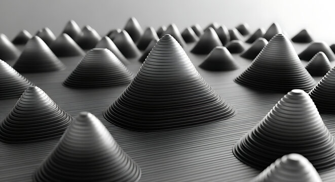 Abstract geometric cone shapes forming a 3D textured surface landscape with geometric abstract structure monochrome background sculpture minimalism landscape topography industrial