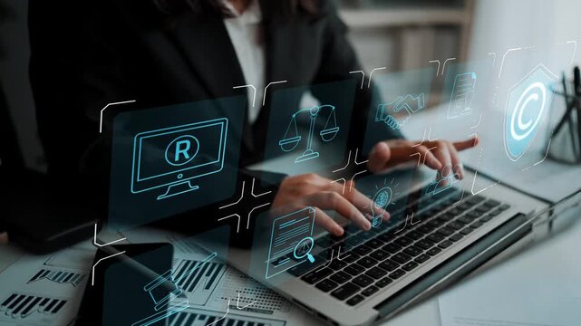 Digital copyright protection system showing secure ownership, intellectual property rights, content verification, and legal warning icons for creators and publishers Marrow