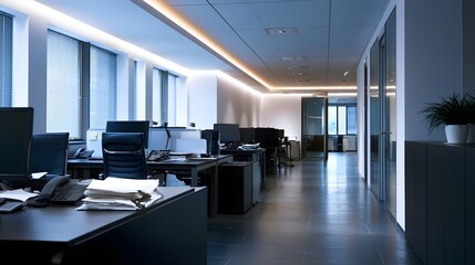 Fototapeta premium A modern corporate office setting bathed in subtle ambient light creating a highly productive and professional atmosphere for business ope ns