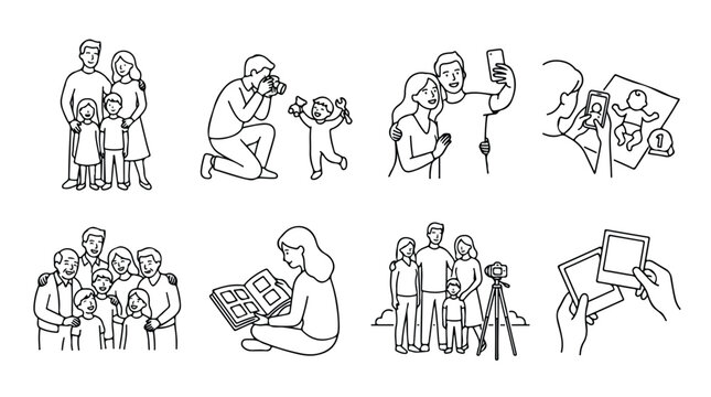 Minimalist family photography line art icons, set of 8 vector illustrations of people taking photos, capturing memories and viewing family albums