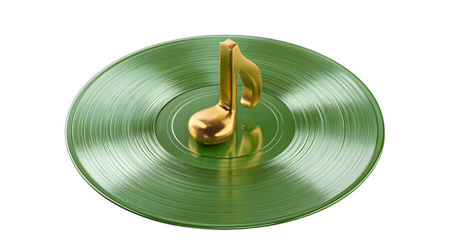 Green vinyl record with golden music note, retro audio disc for dj, music production and entertainment, white background