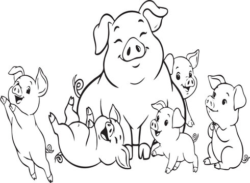 A group of happy pigs and a mother pig in a playful scene