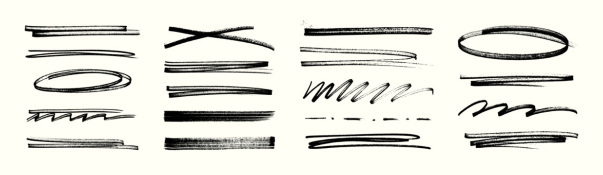 Black hand drawn brush underline and scribble marks. Brush strokes, underlines, circles, scribbles and marker highlights on light background for notes, highlights, emphasis. Vector graphic set