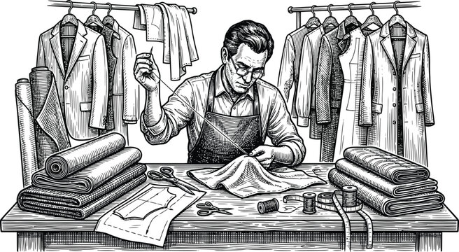 Tailor working at a table with garments sketch style illustration