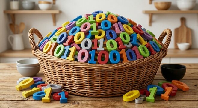 Wicker basket overflowing with colorful binary numbers on a kitchen table