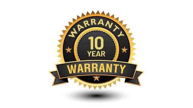 Animation of 10 Year Warranty gold label button stamp