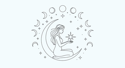 Naklejka premium Mystical line art illustration of a woman sitting on a crescent moon holding a bright star surrounded by moon phases and small stars.