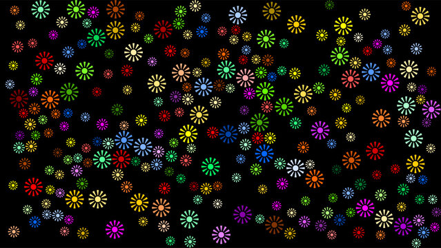 Random scattered small colorful abstract flowers, suns or explosions on a black background. Abstract vector background for topics like New Year, fireworks, celebrations or other holidays. 