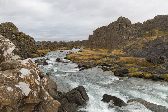 Un r&iacute;o caudaloso fluye a trav&eacute;s del desfiladero volc&aacute;nico de Almannagj&aacute; en el Parque Nacional Thingvellir, Islandia, rodeado de acantilados rocosos y hierba escasa de tundra bajo un cielo nublado.