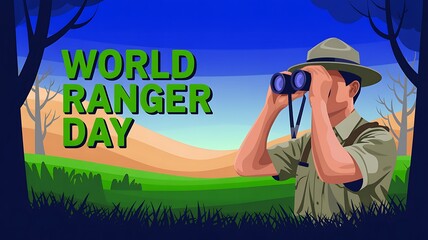 Obraz premium World ranger day illustration with forest ranger using binoculars binocular wildlife conservation wilderness