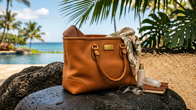 Luxury brown leather tote bag with travel accessories on a volcanic rock by a tropical resort pool