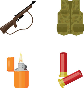 Hunting gear collection showing rifle, camouflage vest, ignited lighter, and shotgun shells